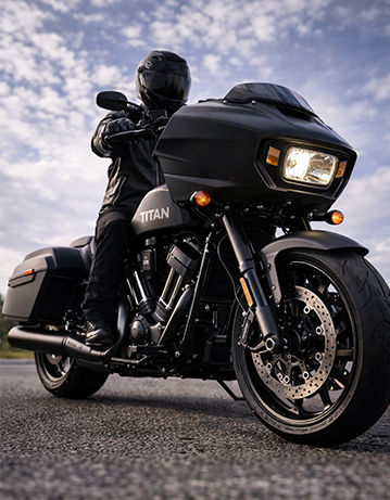 Moto RG Motorcycle Titan noire vue de profil sur route, style custom premium et performance